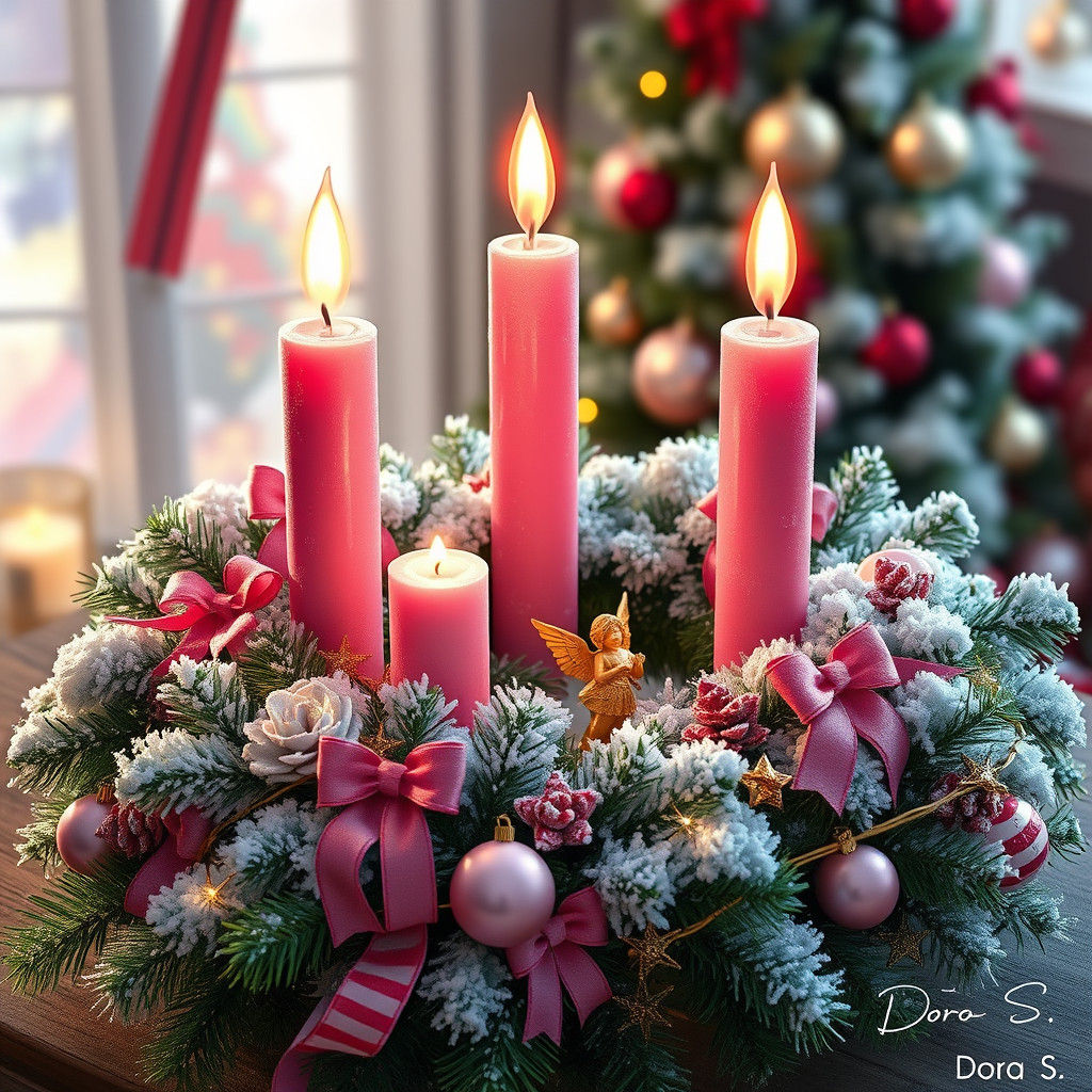 Advent wreath with four pink candles with bows, of which onl...