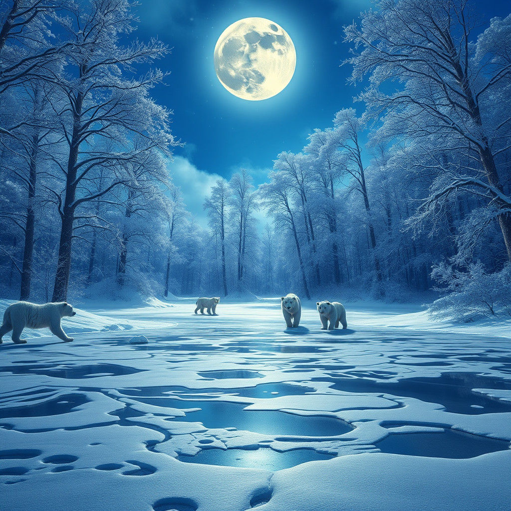 Beautiful blue sky full moon with tall trees and a lake it’s...