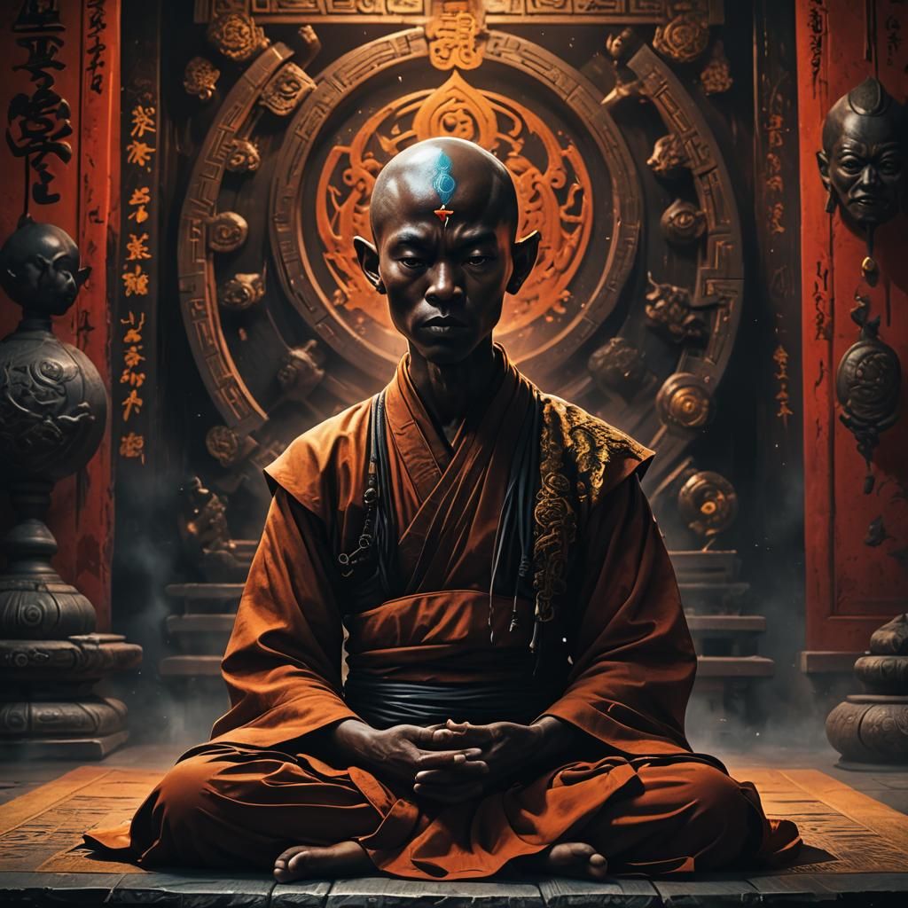 black alien monk, meditating inside of a shaolin chamber - AI Generated ...