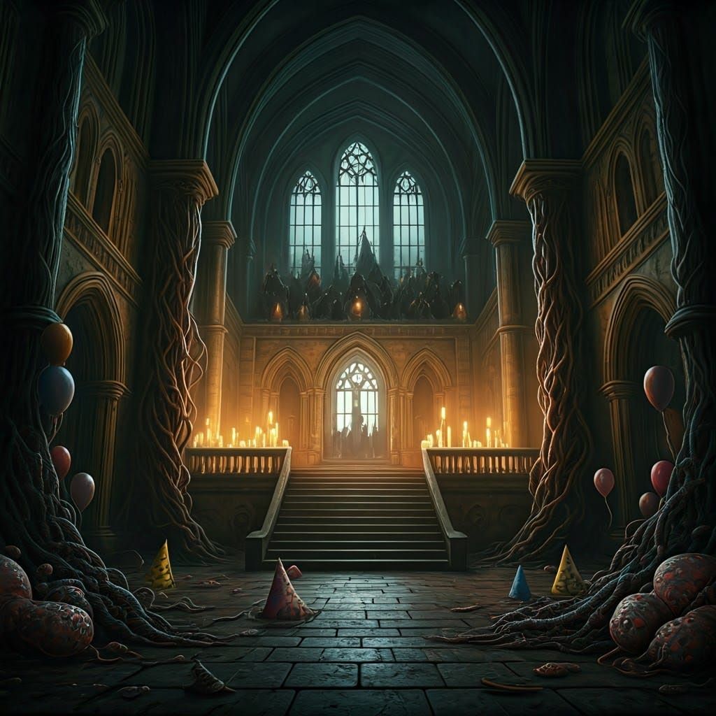 A birthday party in the style of Beksinski's paintings