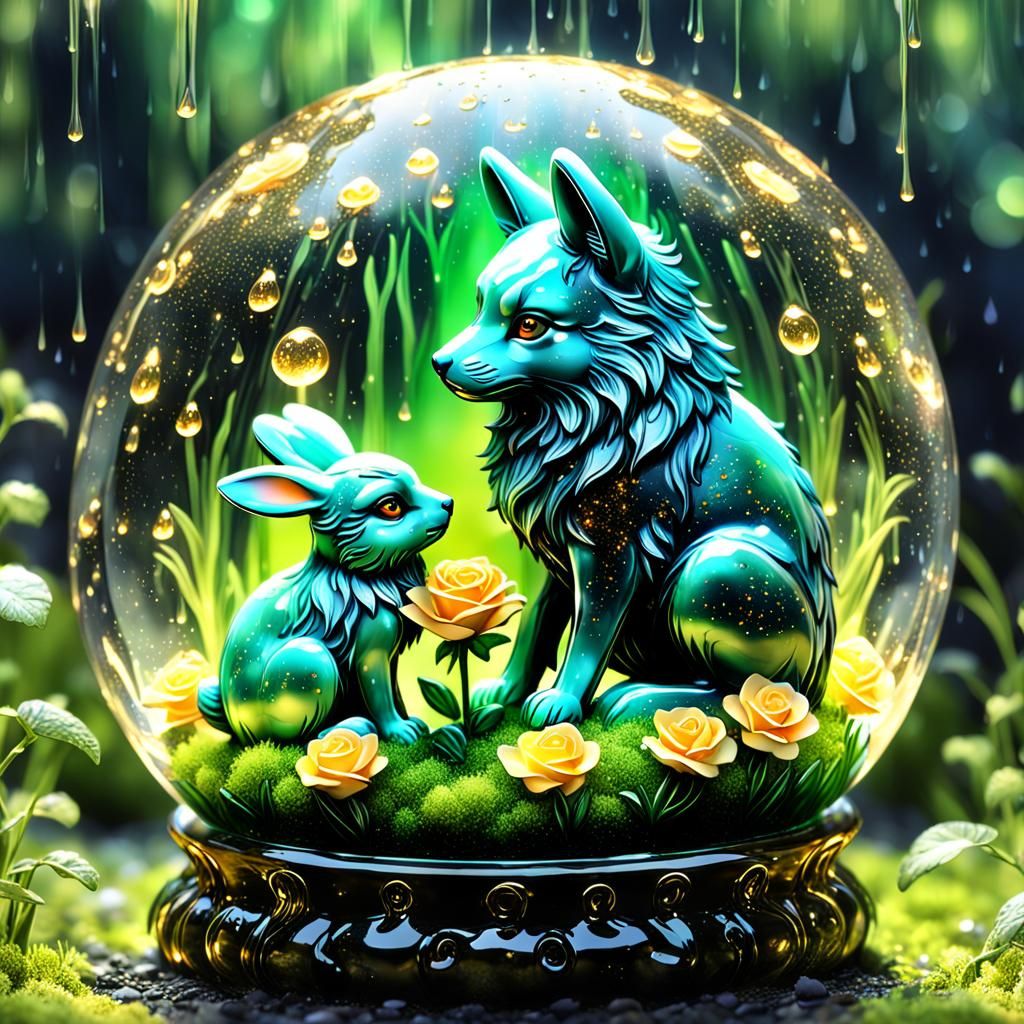 Glass Bunny and Wolf in Glowing Rose