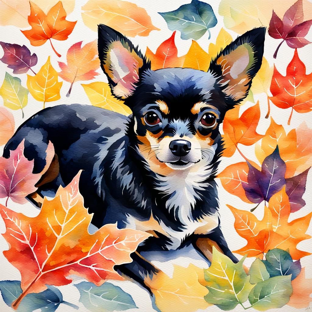 Automatic expressionism. Medium shot. A black chihuahua lies...