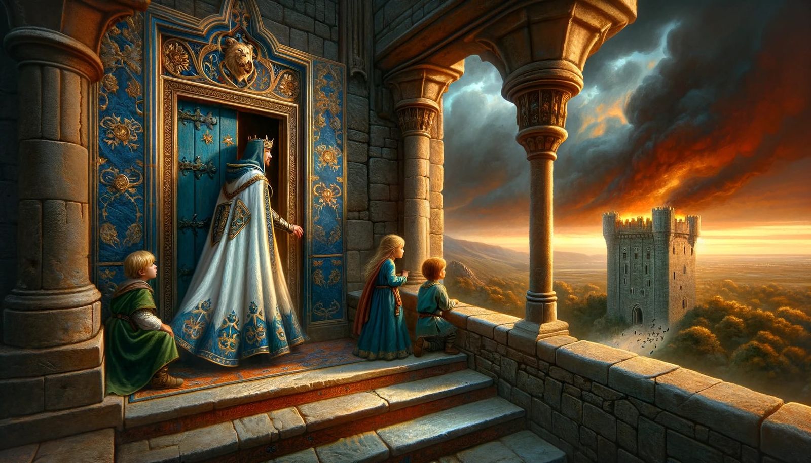 King Departs as Children Watch a Burning Castle