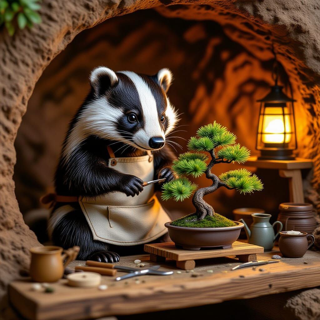 A stoic badger, wearing a tiny apron, is engrossed in the delicate art of miniature bonsai tree sculpting ...  by @Iconoclast