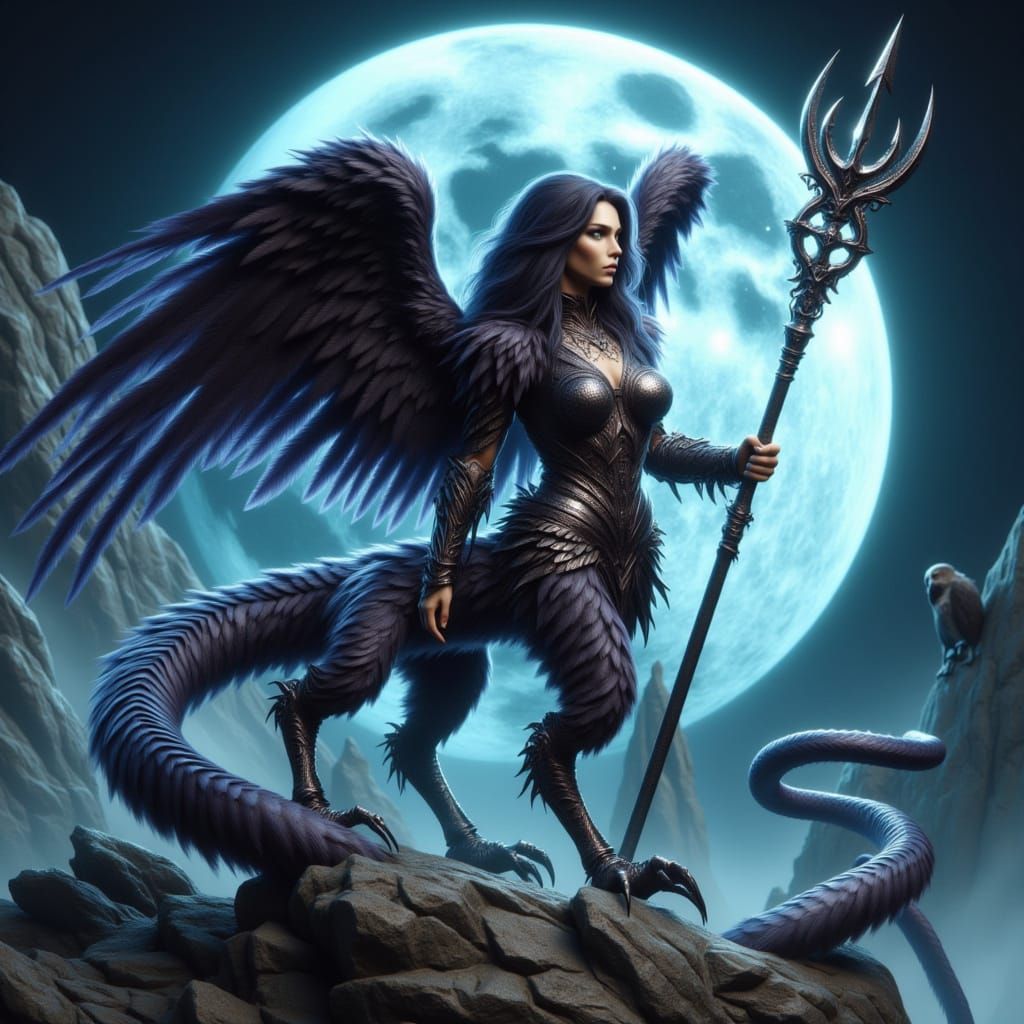 <lora:Hybrids:1.0> staff holding long-haired attractive feather covered harpy-a hybrid of stunning woman-raven, having feathers and talons,...