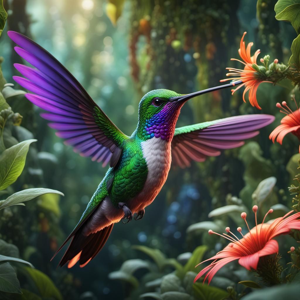 A colorful hummingbird among green vegetation  by @premium
