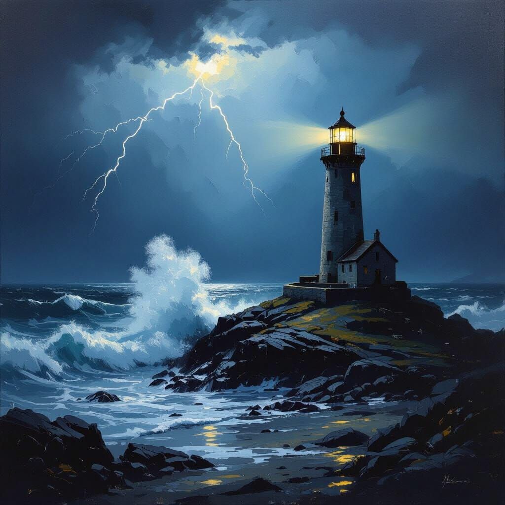 Dramatic Lighthouse in Stormy Oil Painting Style