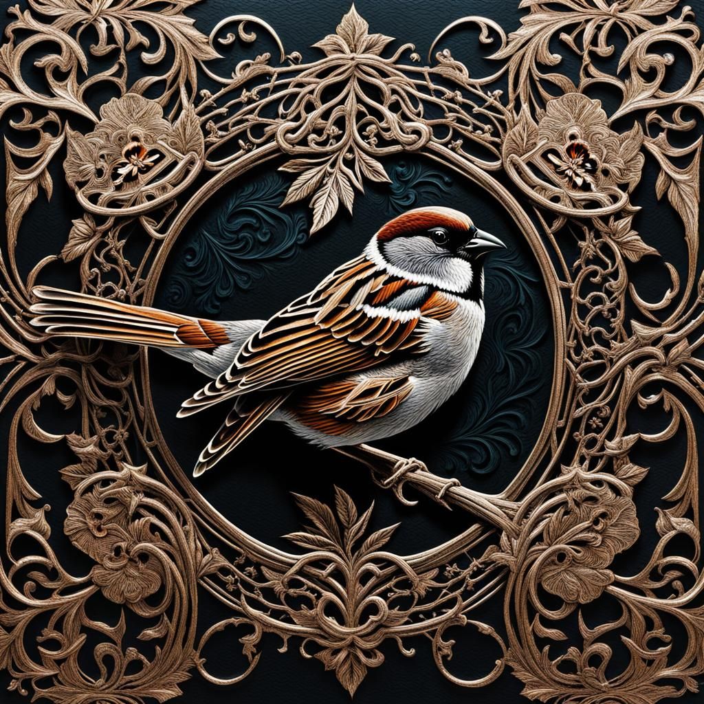 sparrow, vintage, filigree, aesthetic, action-art style, high detail ...