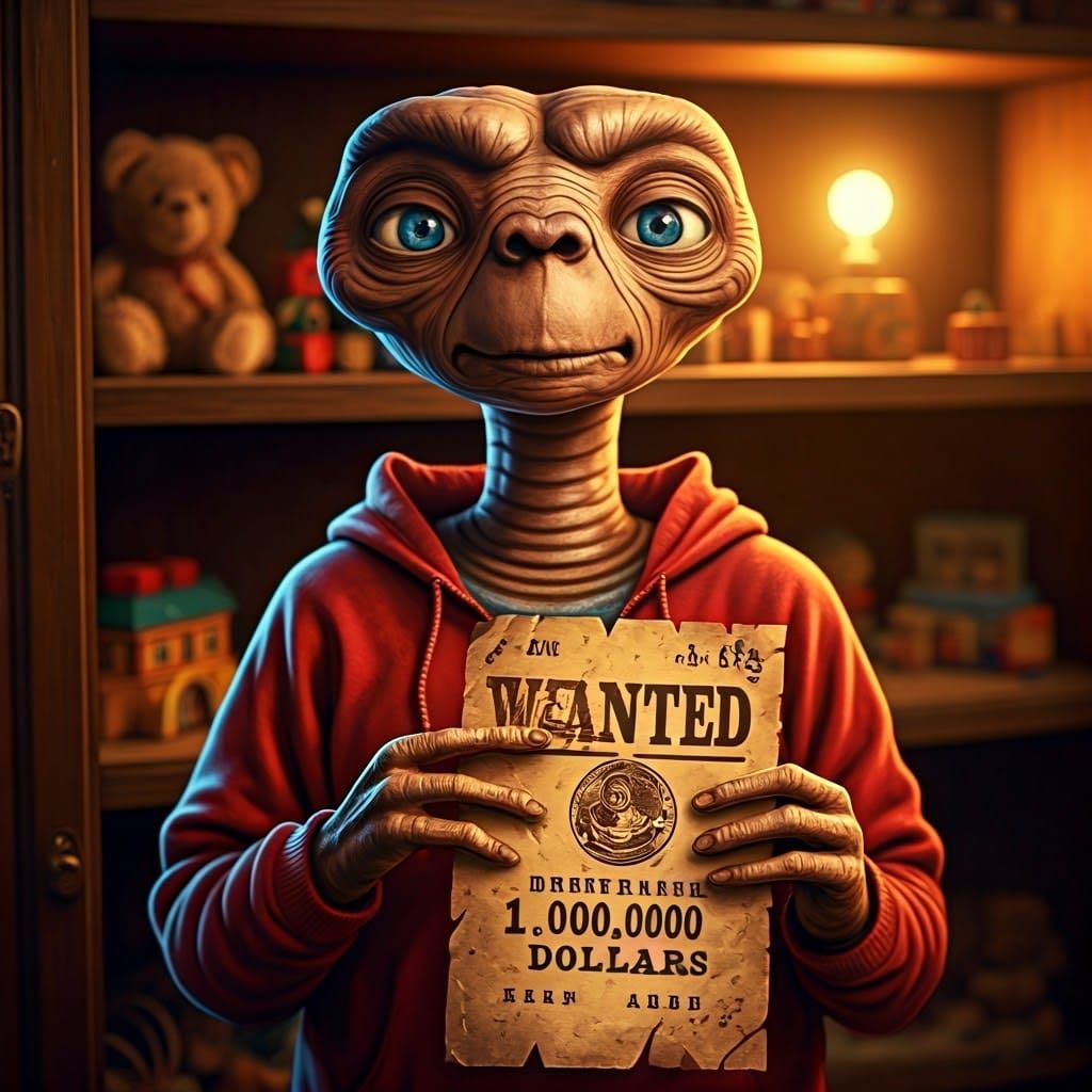 e.t. THE EXTRATERRESTRIAL holds a sign in his hands with the words: "WANTED 1,000,000 DOLLARS". Behind ...  by @Mauro Vandal