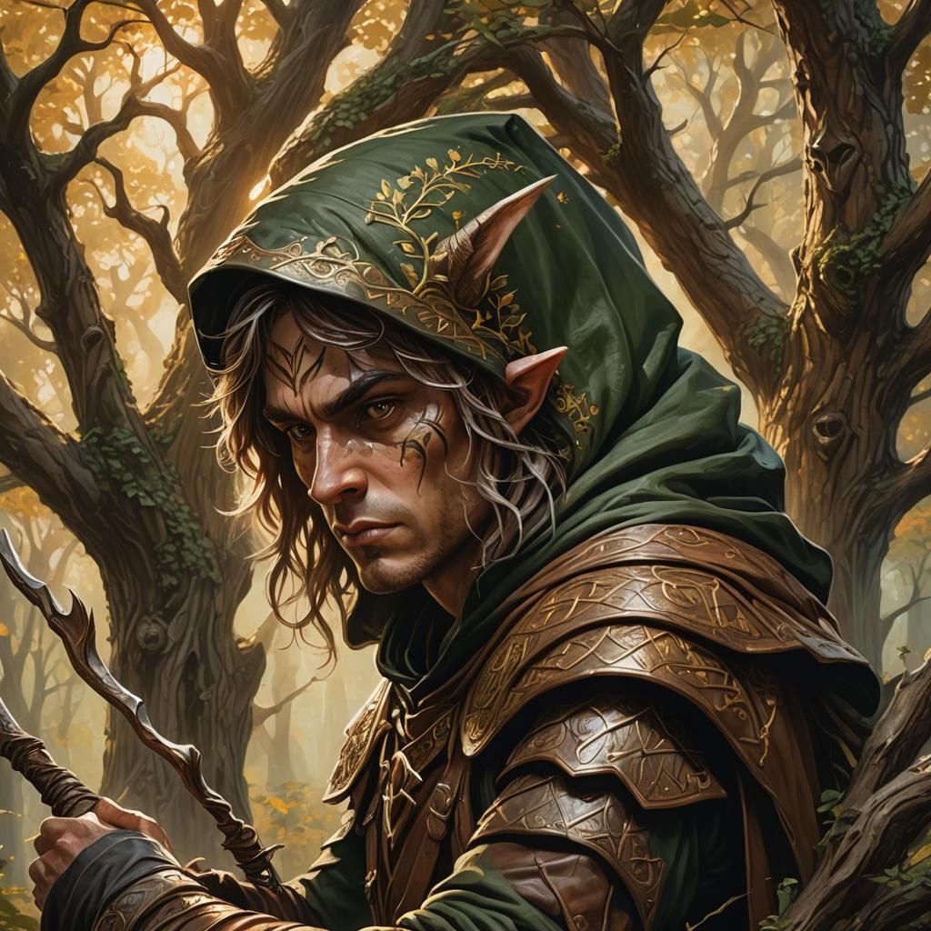 A forest elf ranger taking aim from the show of a tree  by @Wheat