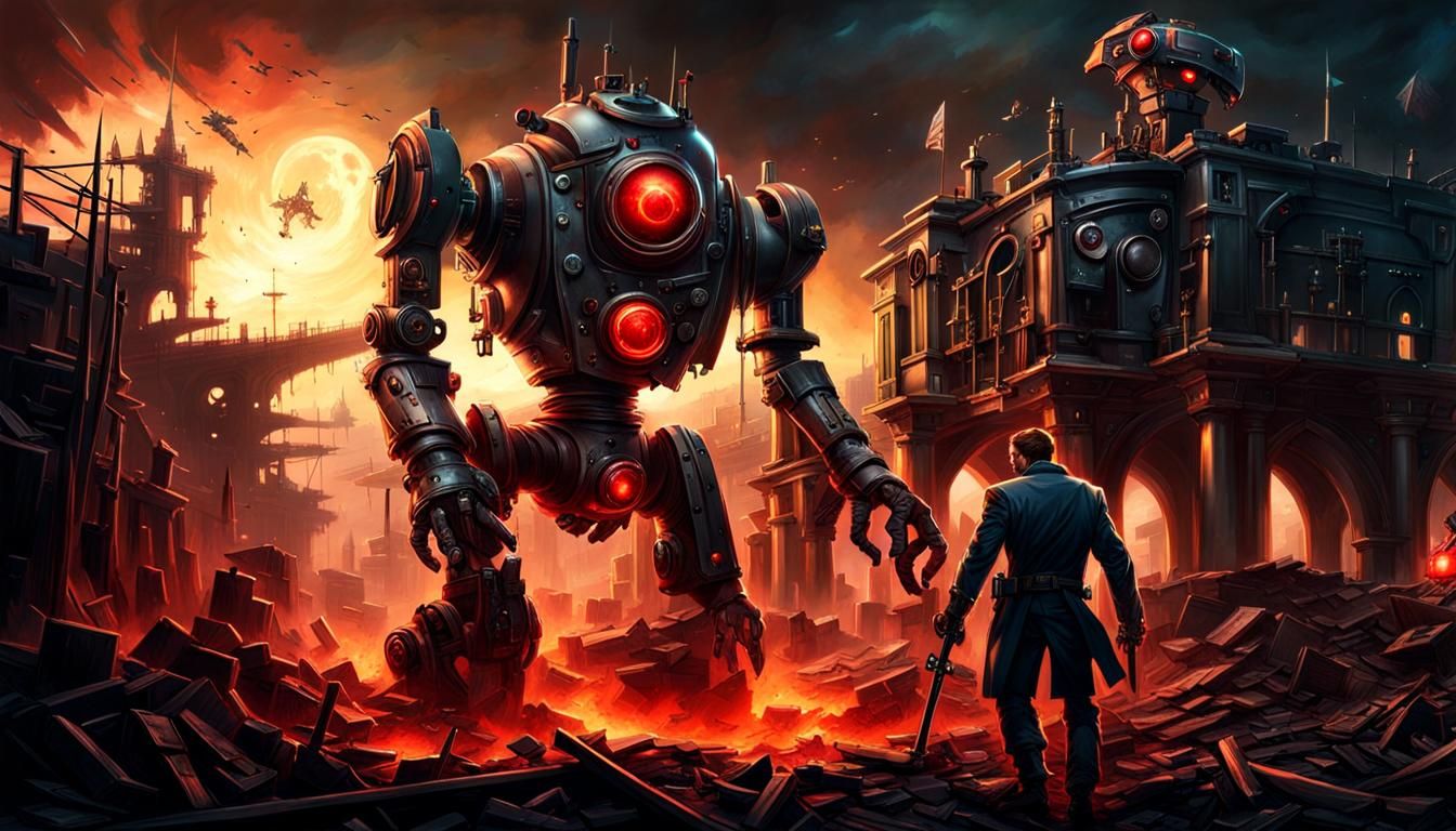 Resident Evil style hero fighting a half destroyed steampunk...