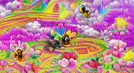 A Cute bees flying in a flower garden colourful psychedelic ...
