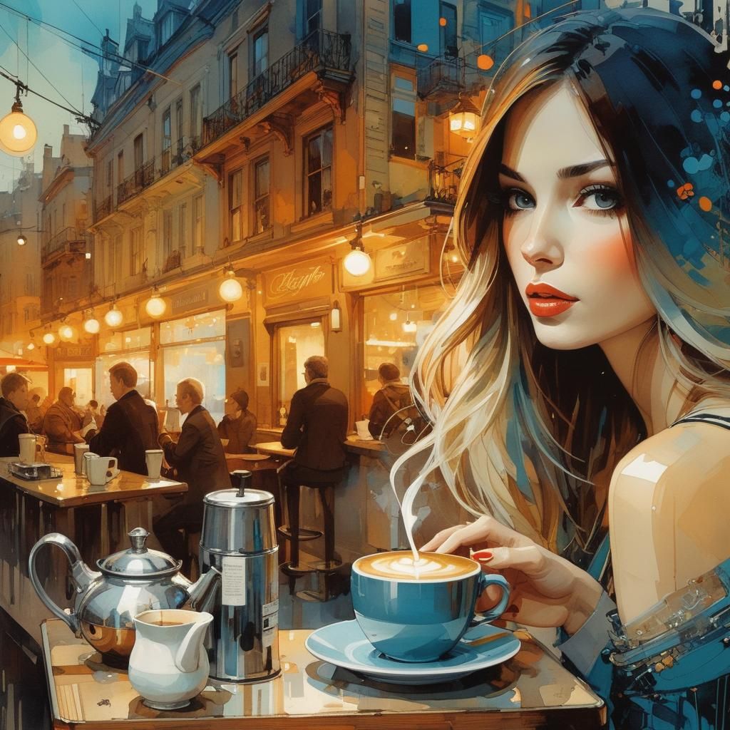 a beautiful woman drinking coffe on bar!.