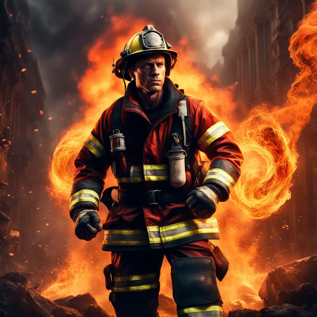 Fire fighter fighting fire with his fists