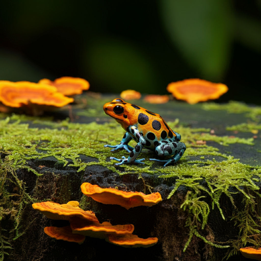 Poison Dart Frog, Orange and Blue, mossy green stump with Orange shelf mushrooms.