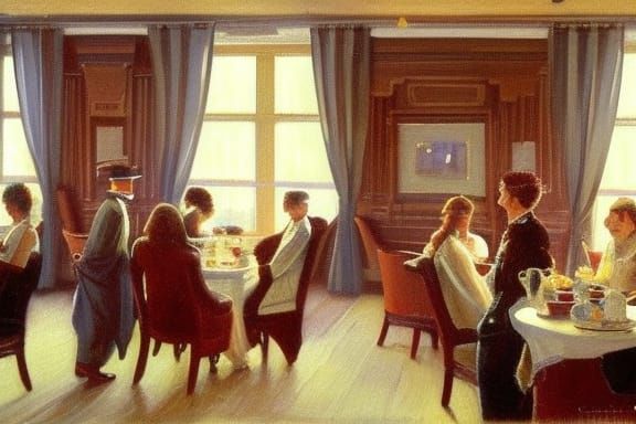 R.M.S TITANIC in 1912s Fair Ladies have afternoon tea in the...