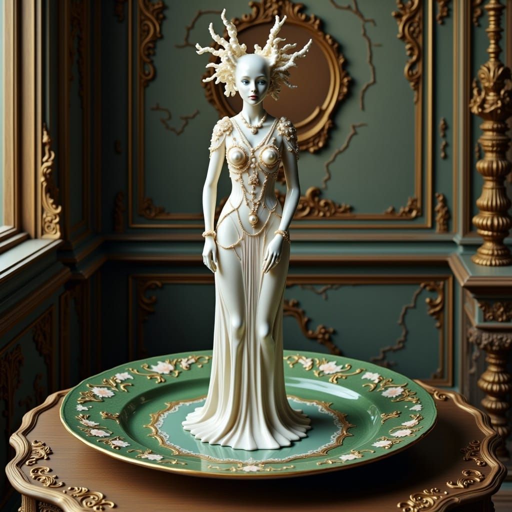 <lora:Ornamented:1.0> A big, tall sculpture of a gorgeous female creature with light, made entirely of pastel porcelain with big cracks, dee...