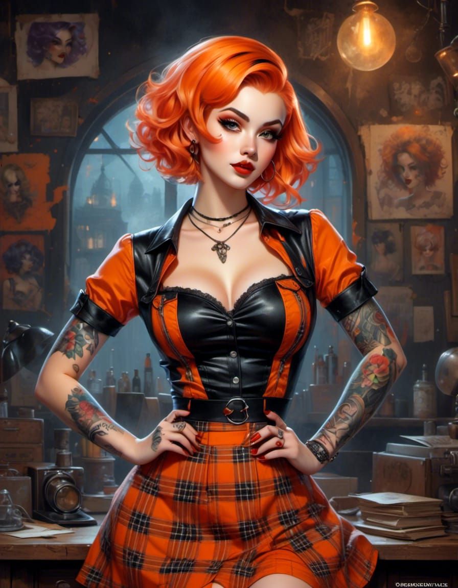 <lora:5E:1.0> <lora:Pinup:1.0> stunning portrait Gorgeous alternative beauty in attractive form fitting orange and black flannel dress revea...