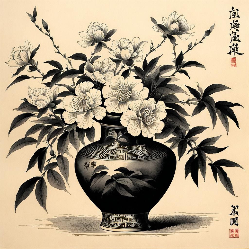 Chinese Ink brush sketch of flowers