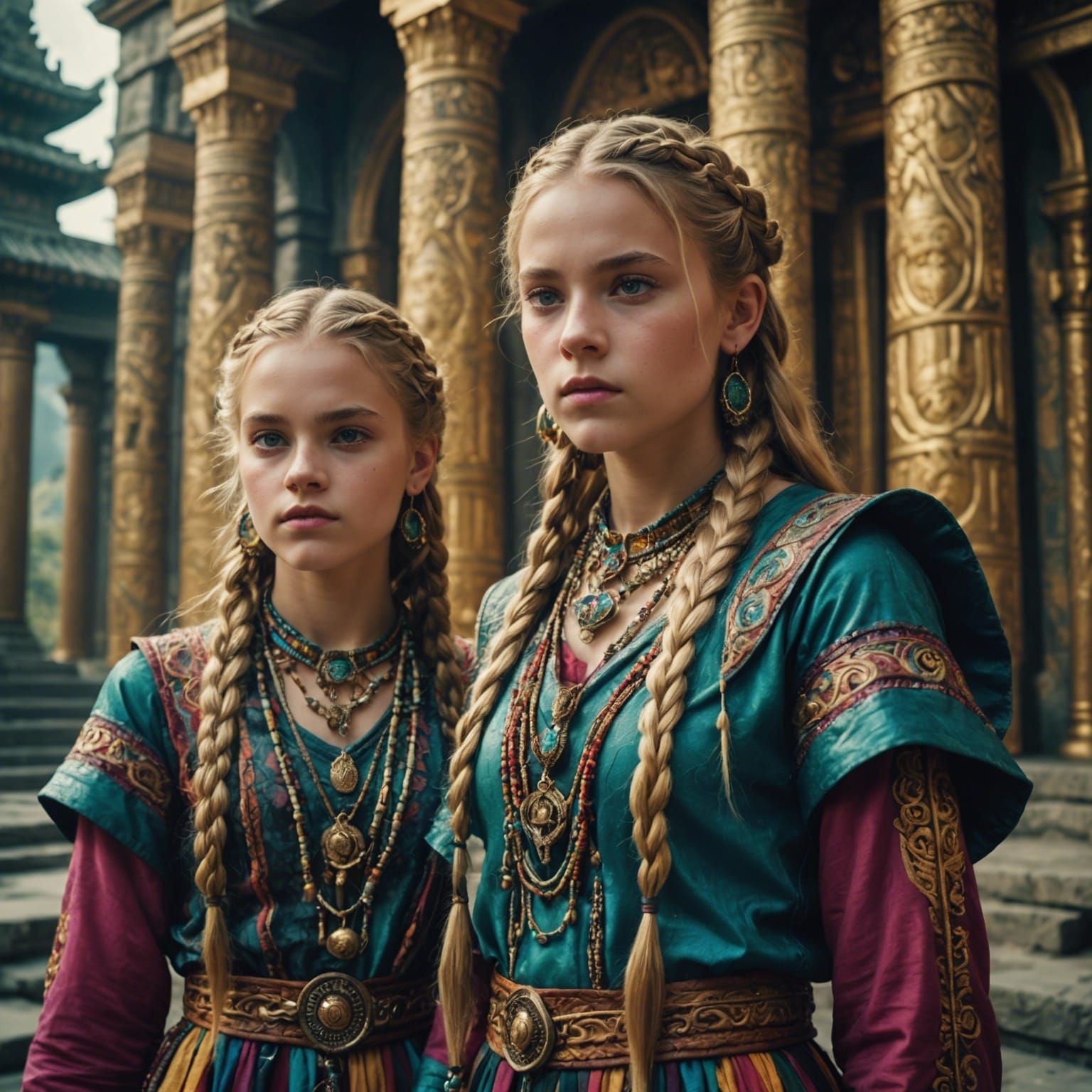 artistic shading of two young beautiful looking teens - twin...