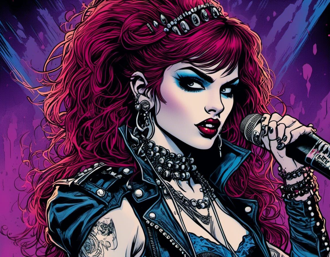 punk rocker vampire on nightclub stage <lora:Gothipunk Vampires 2:1.0>, detailed comic-book-style colorized pencil art