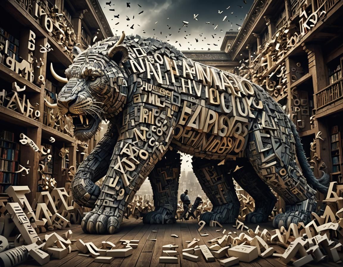 Animals made of letters attack humans made of words, all in big lettre intricate details, HDR, beautifully ...  by @undefined