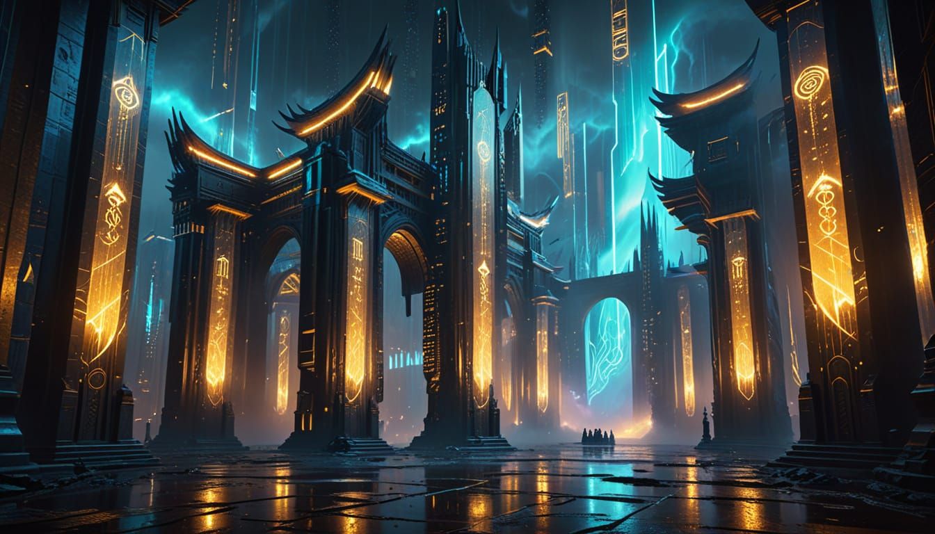 A breathtaking cyberpunk Valhalla floating above a futuristic city. Vast golden halls made of glass, chrome, and neon circuitry glow under a...