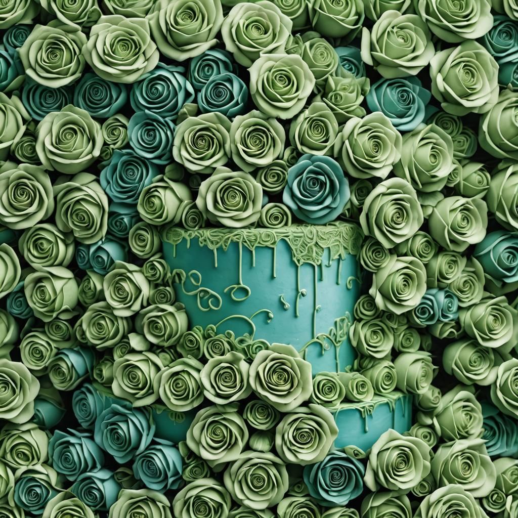 a blue and green cake covered in roses