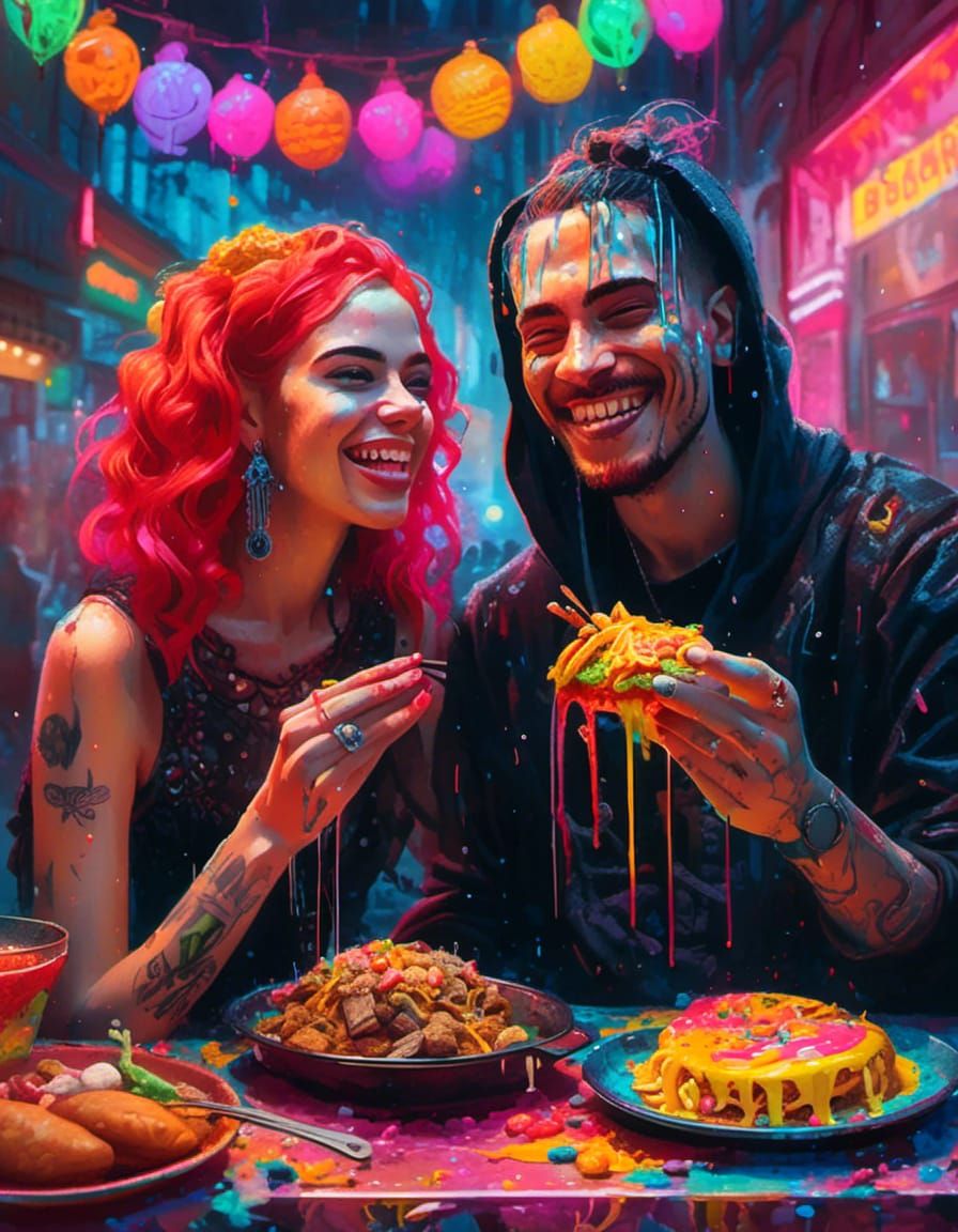 Gothic couple enjoying Mexican food <lora:Dreamy Darkness V1...