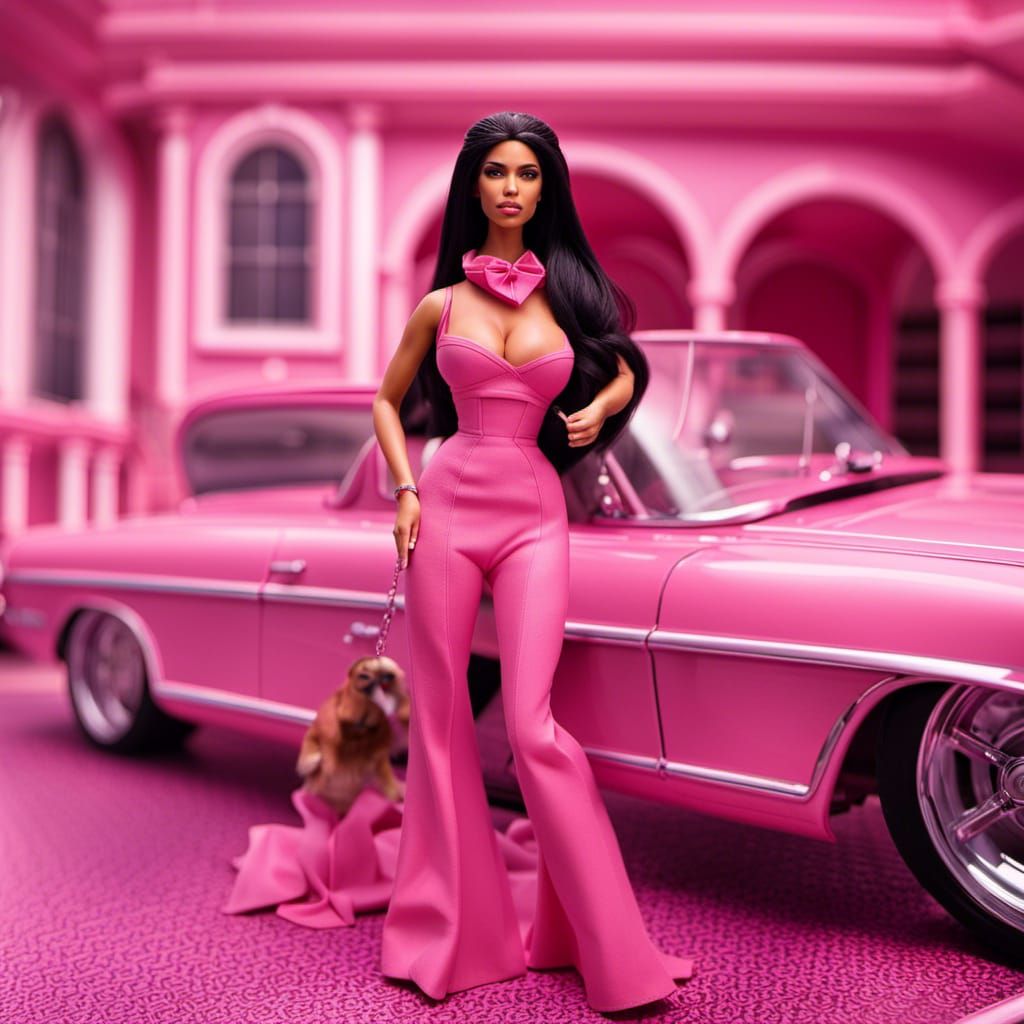 barbie looks like kim kardashian in pink with a pink car next to