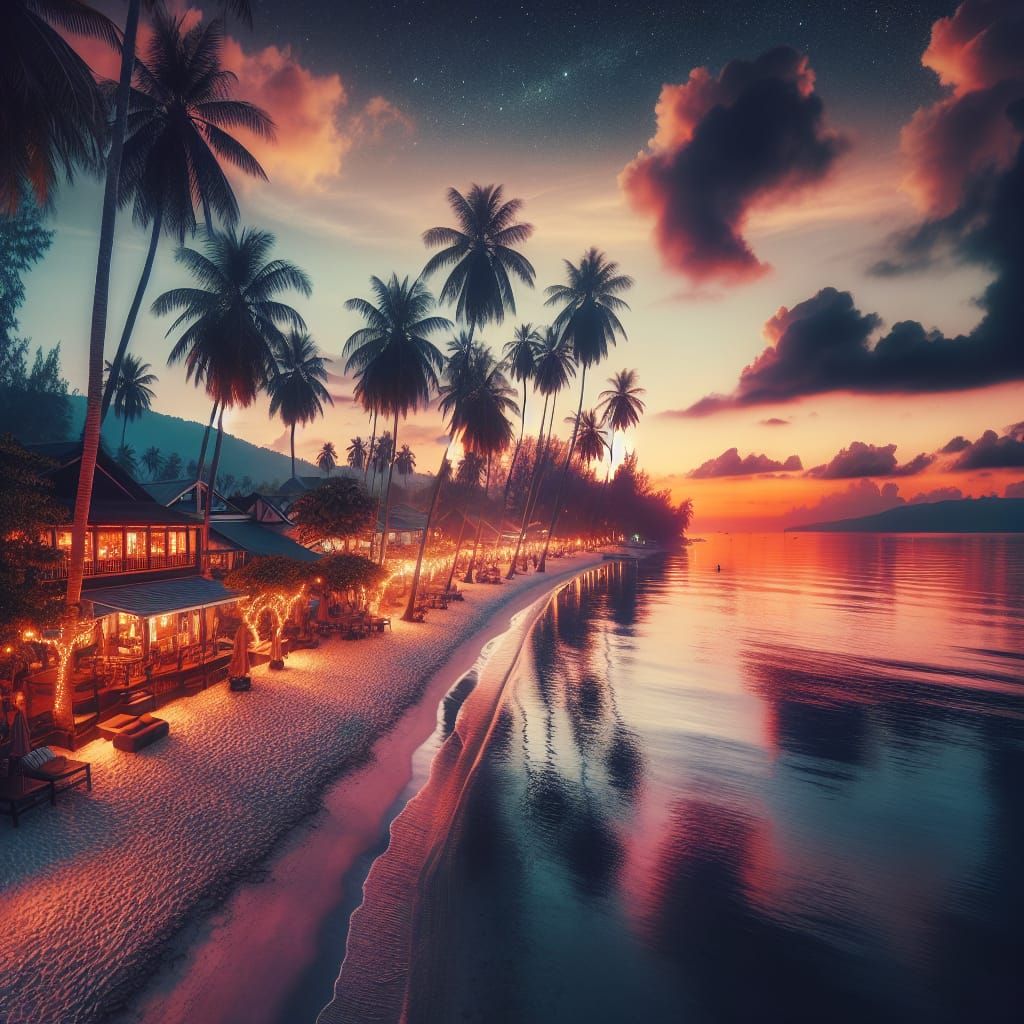 Tropical beach at sunset.