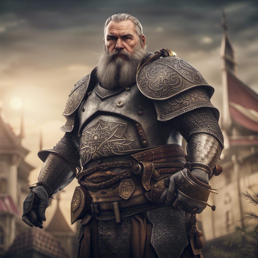 Fat,Old Male,wearing medieval armor, large beard, Stylized, ...