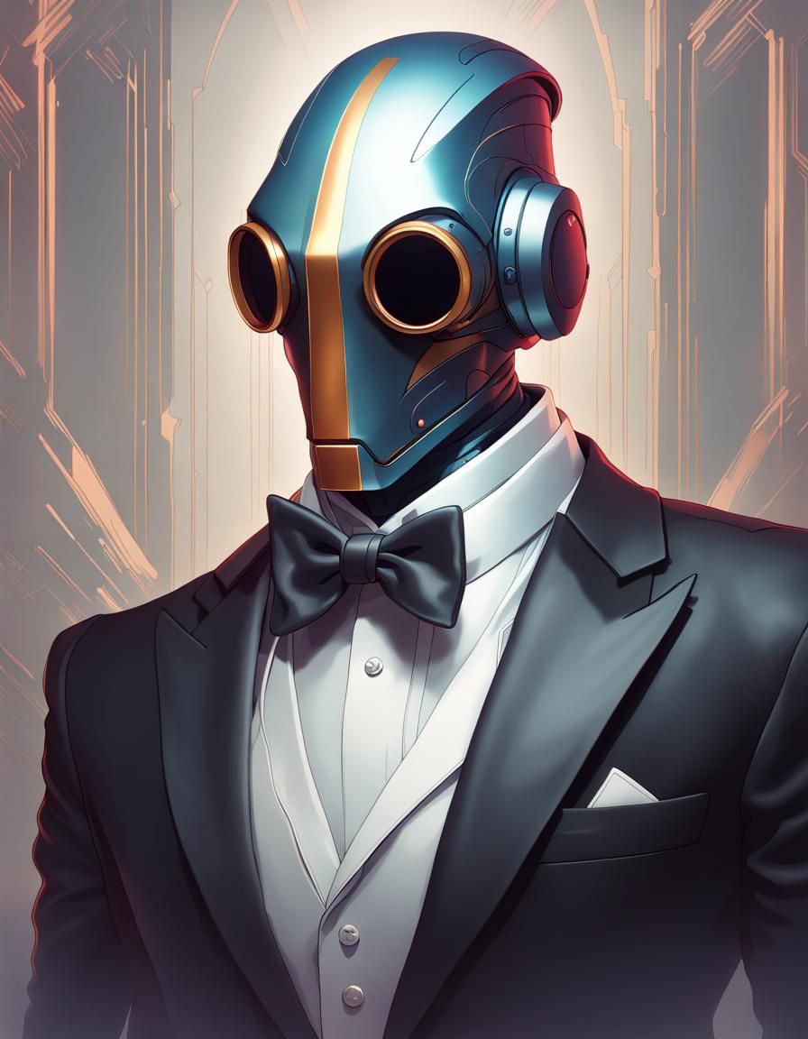 A faceless robot in a tuxedo and shades on a solid backgroun...