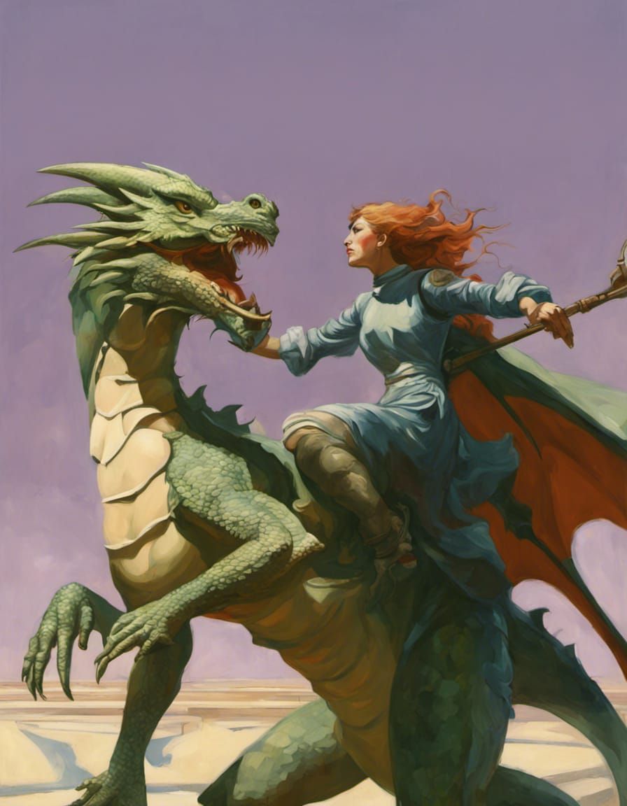 Dragon & warrior woman oil paint exact detail photo illustra...