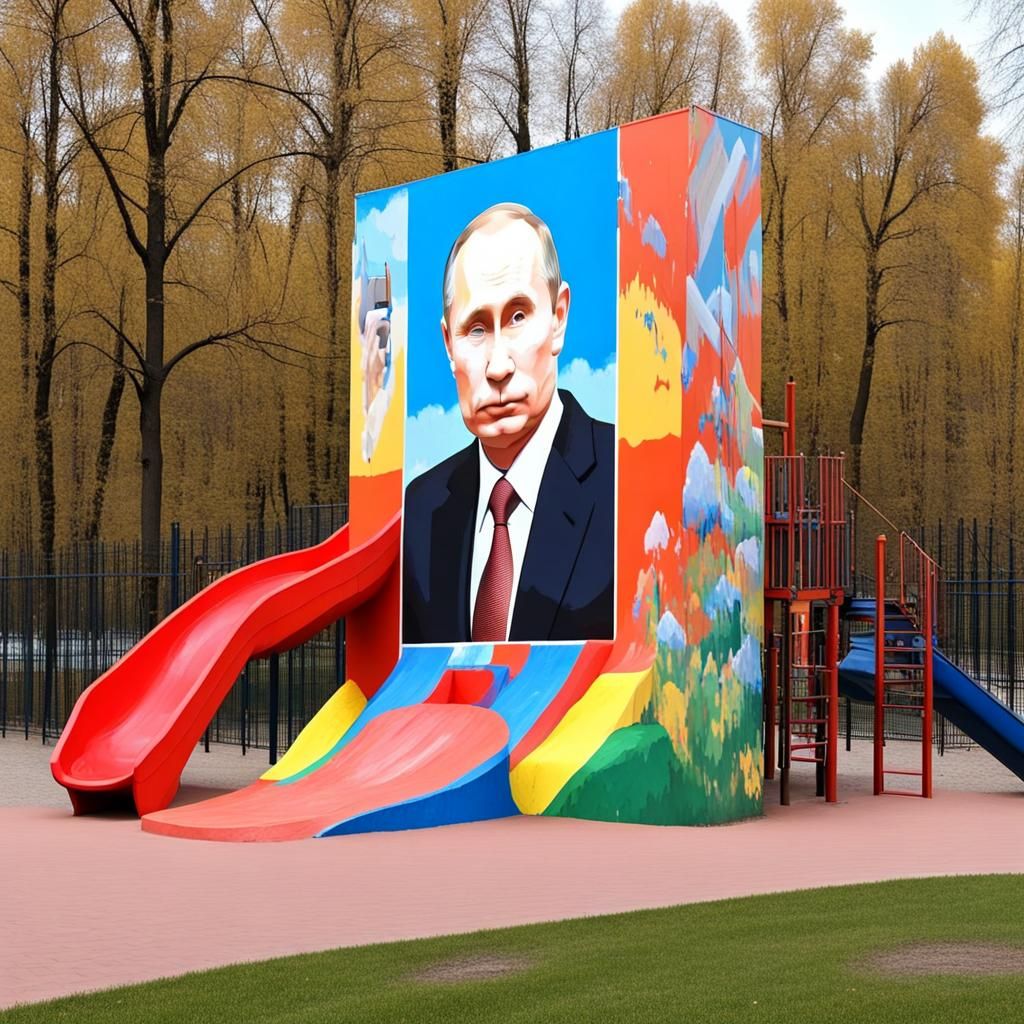 Putin painted mural on wall, playground setting, slides and swings in