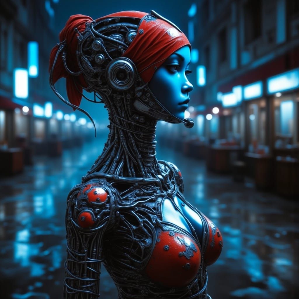 Cyber portrait of neurofed mechanical body feminine neon shine fabric cloth covers parts of the encasement dark night street detailed, aesth...