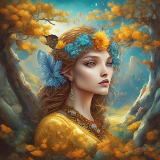 Fairy Portrait with Cat and Dog in Golden Landscape