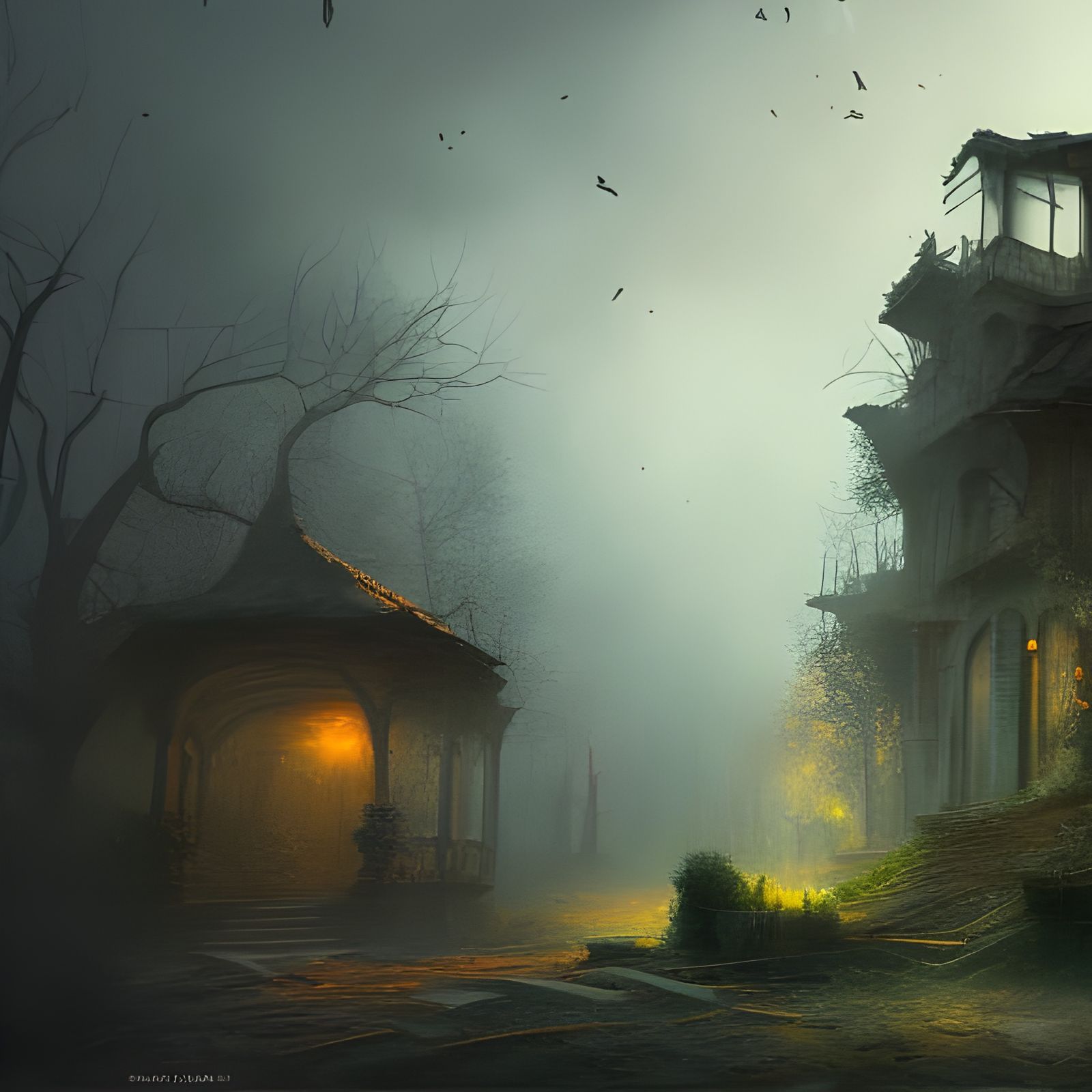 woman looks out a broken window,  A house with broken shutters, tattered roof, and overgrown yard, gloomy, dark, scary, ...