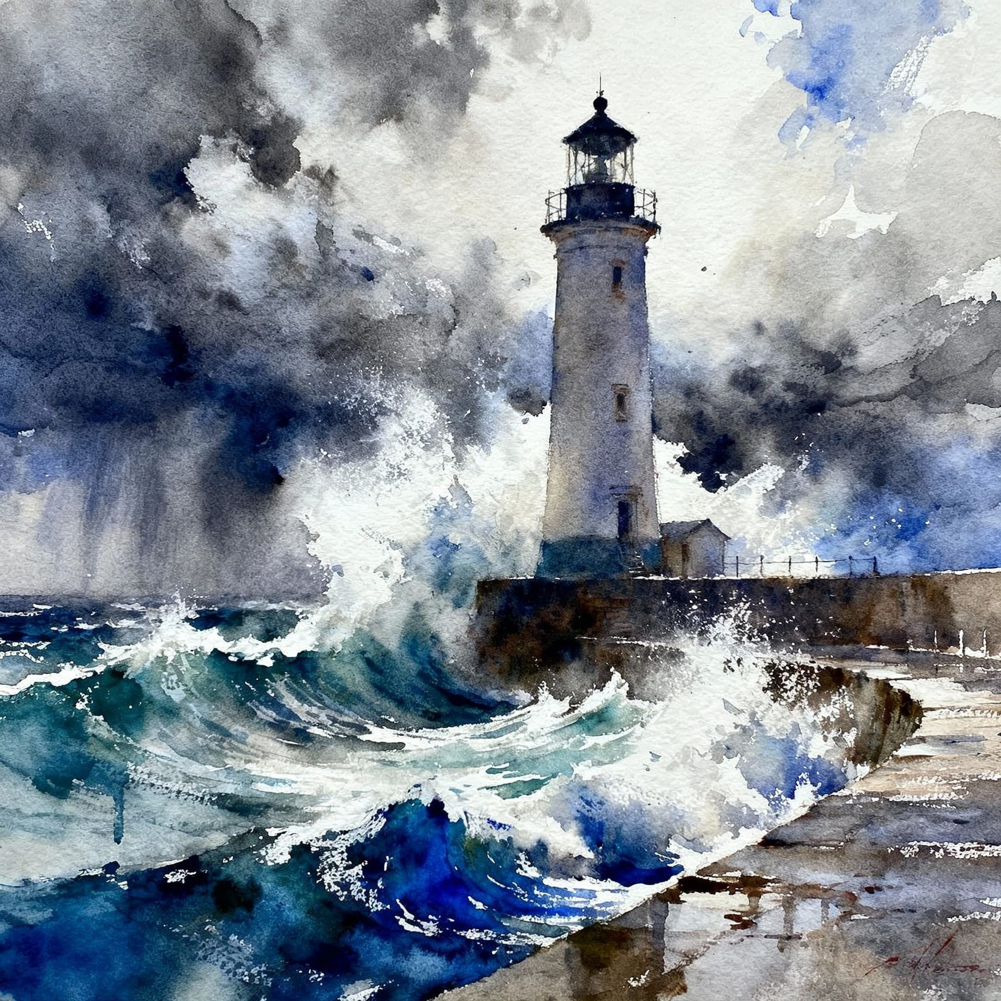 waterfront lighthouse tempest watercolor