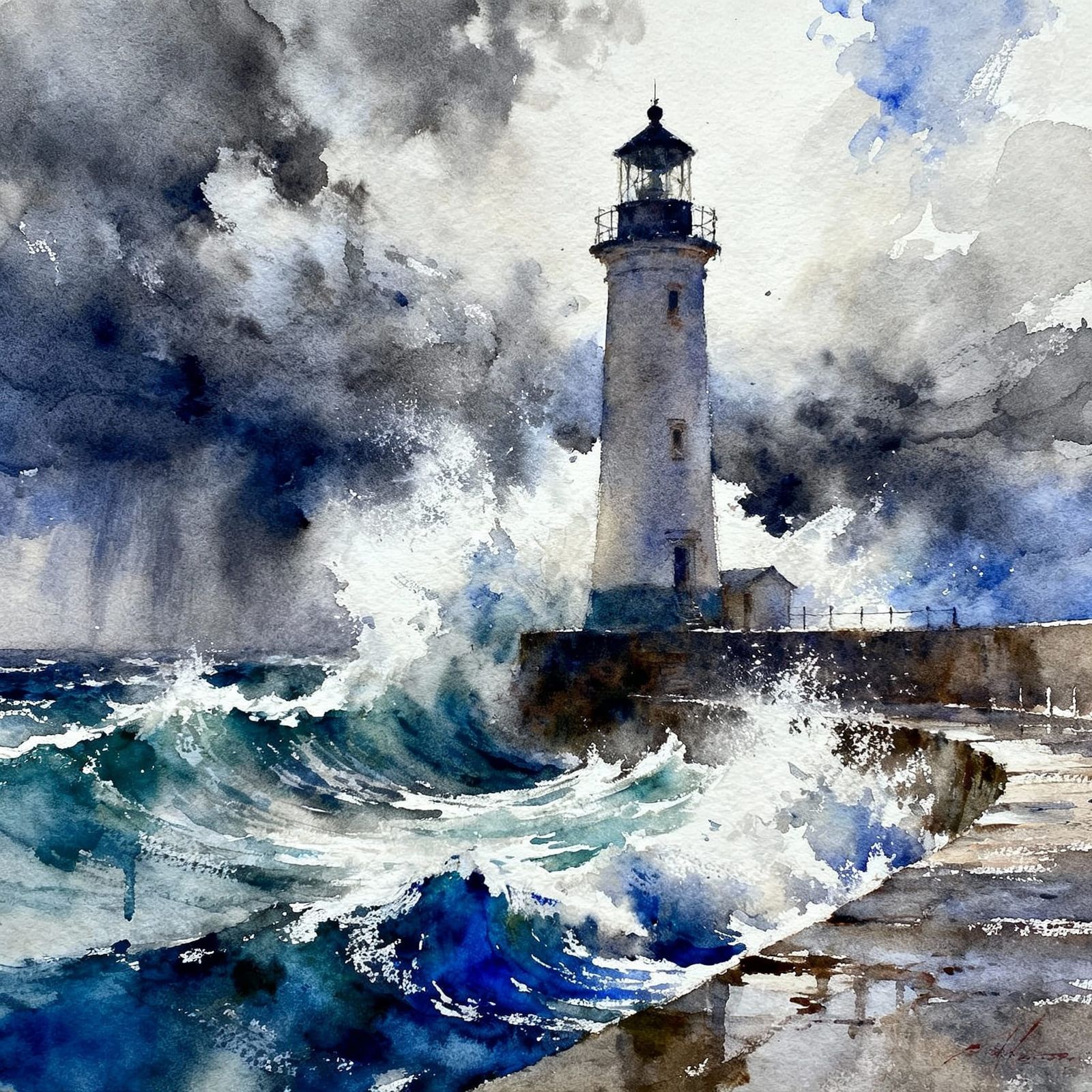 waterfront lighthouse tempest watercolor