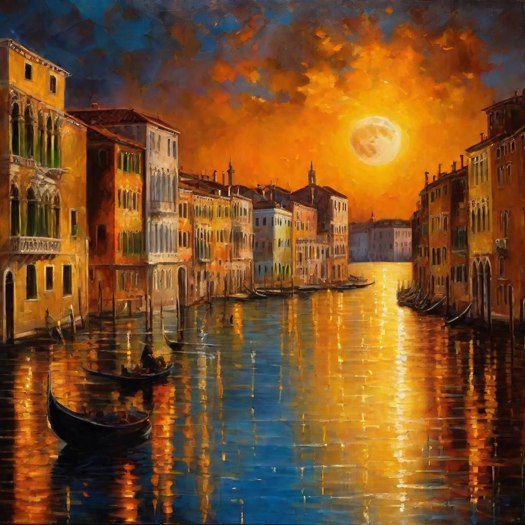 Magical Venice Under Moon, Oil Painting in Monet Style