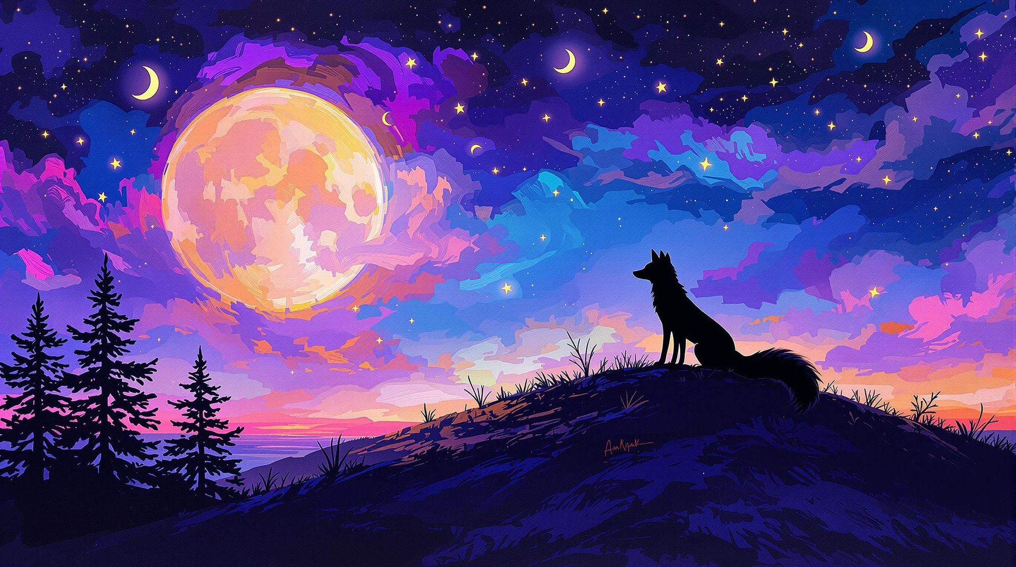 Fox Silhouette Under Celestial Swirl