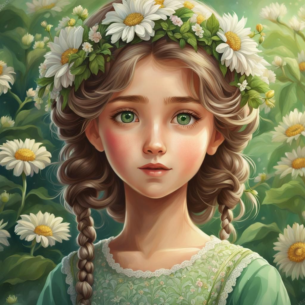 illustration of a young girl with green eyes and dresses, sh...