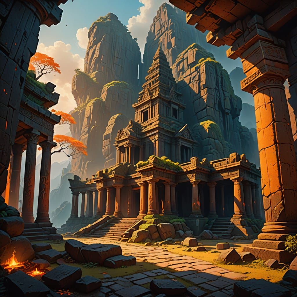 Epic Fantasy Temple Amidst Lava and Ancient Runes - AI Art