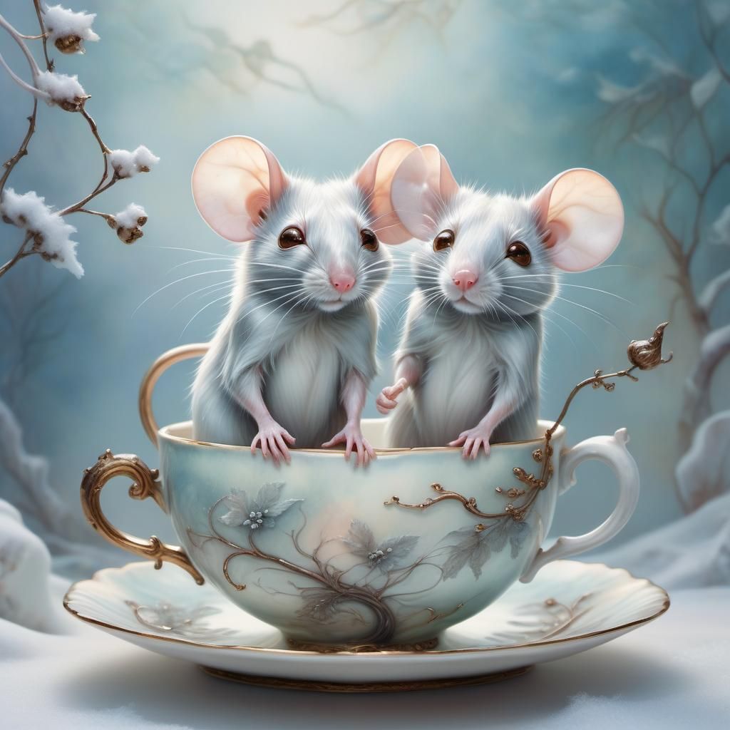 Two mice peeking from a delicate porcelain teacup  by @Wolfie
