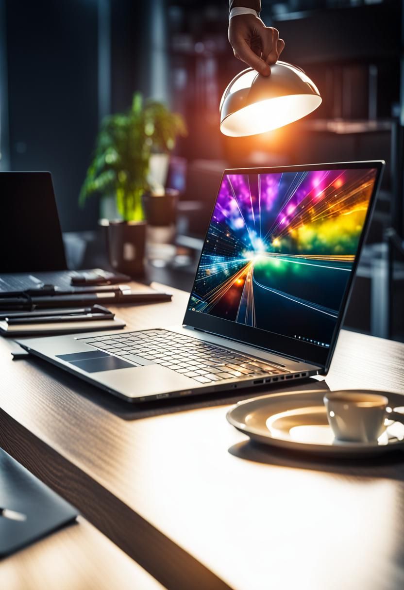 A laptop computer on a work desk in an office, HDR, beautifully shot, hyperrealistic, sharp focus, 64 megapixels, perfect composition, high...