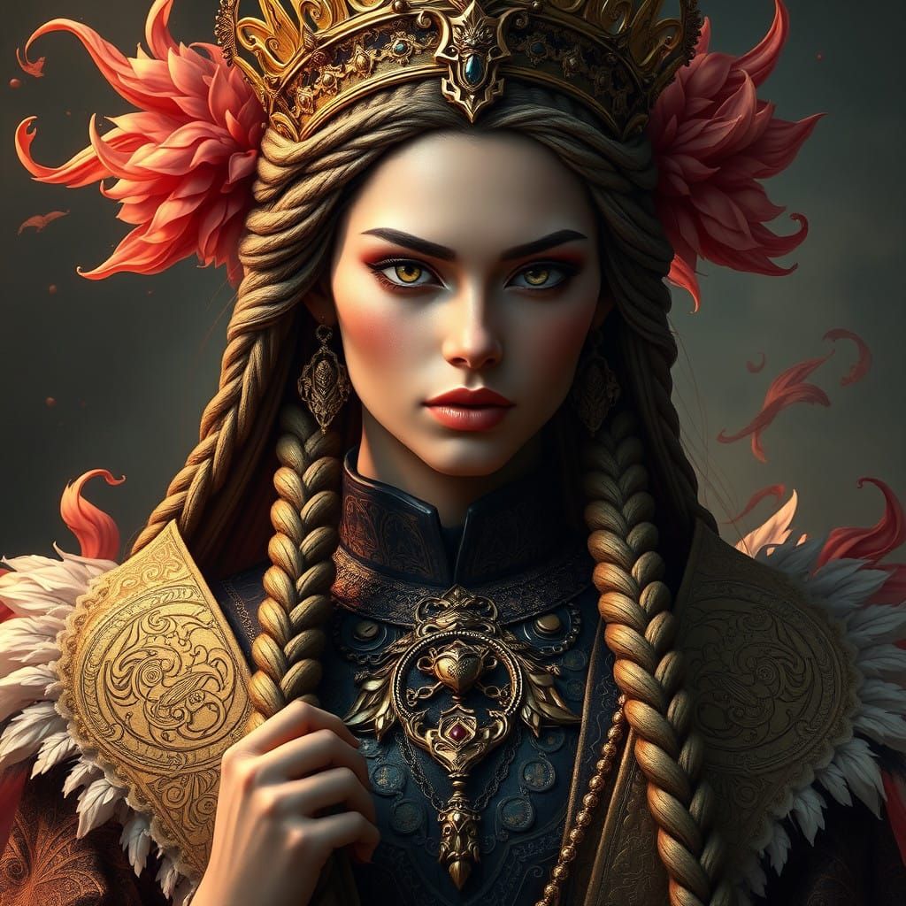 Regal Fantasy Queen Portrait in Vibrant, Triadic Colors