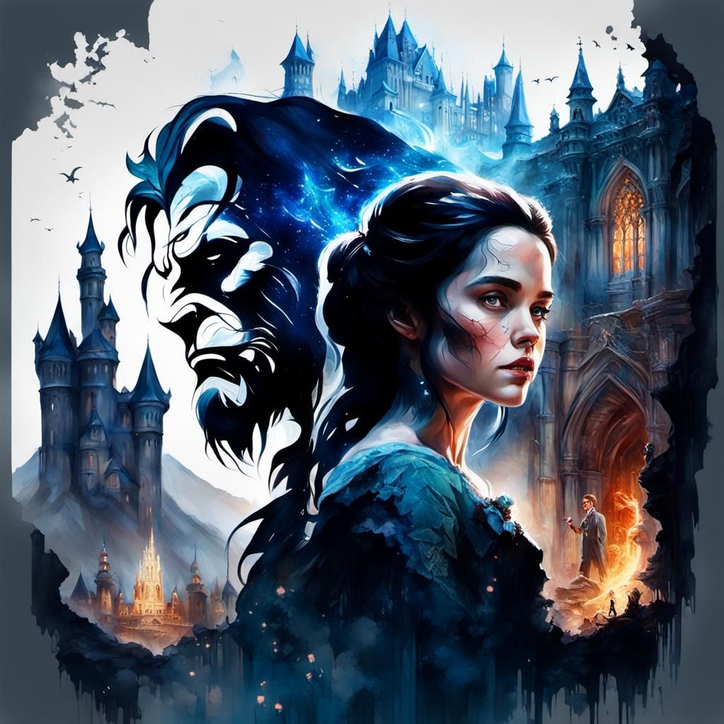 A double exposure portrait featuring Beauty and the Beast, s...