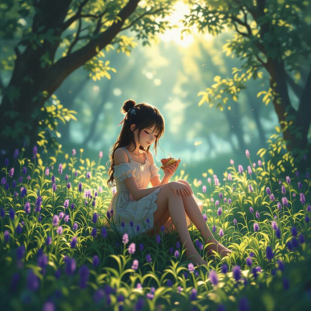 field of lavender flowers with girl laying in field






