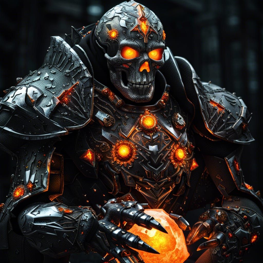 A crystal golem wearing black cracked armour with orange light coming ...